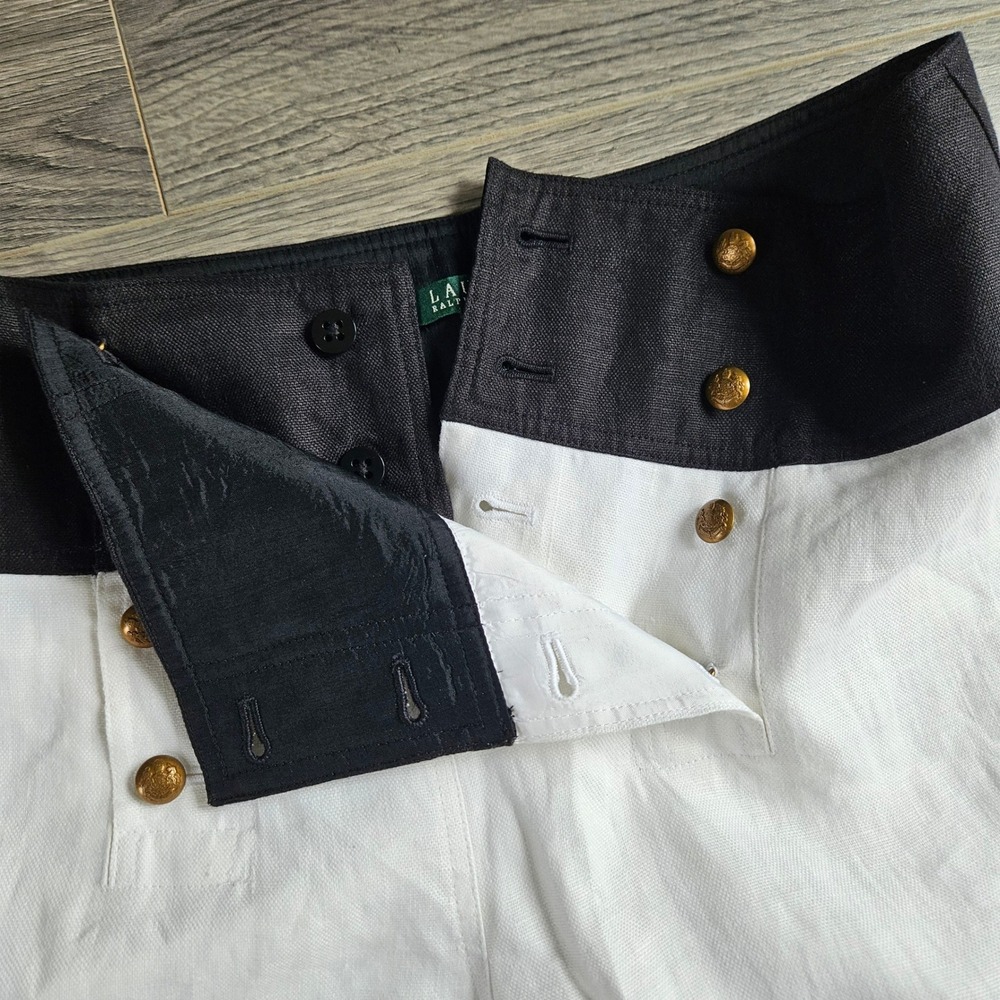 Lauren Ralph Lauren Linen Sailor Pants White Black Wide Leg Gold Button Size 8 - Picture 4 of 11